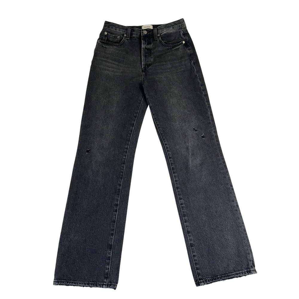 Pistola High Rise Straight‎ Leg Distressed Jeans Washed Black Button Fly Size 27